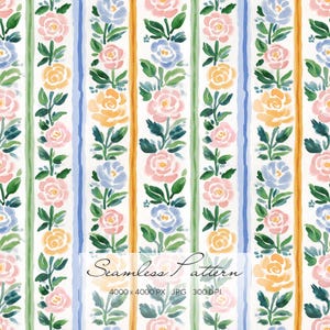 Puede incluir: Un patrón sin costuras con rayas verticales de rosas de acuarela en tonos rosa, amarillo y azul, intercaladas con rayas verdes, azules y doradas. El texto "Seamless Pattern" está en la parte inferior.