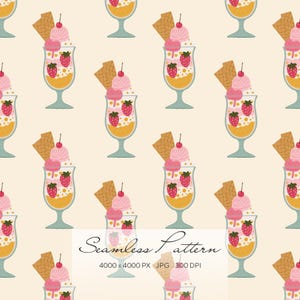 Puede incluir: Patrón sin costuras con copas de helado. Cada copa tiene helado rosa, fresas, una cereza y un gofre. Las copas tienen una base azul claro y están sobre un fondo crema. El texto "Seamless Pattern" está en la parte inferior.
