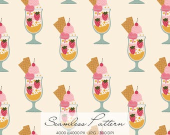 Seamless Ice Cream Pattern, Strawberry Dessert Pattern, Cute Summer Food Digital Paper, Pastel Sweet Treat Background