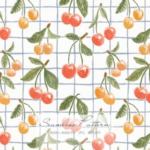 Cherry Seamless Pattern, Fruit Gingham Digital Paper, Cute Summer Cherries Print, Kitchen Fabric Background