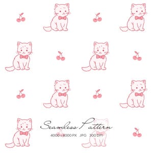 May include: Seamless pattern featuring light pink cartoon cats wearing bow ties and pink cherries on a white background. The text "Seamless Pattern" is at the bottom. The image is 4000 x 4000 pixels.