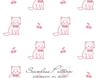 Cute Pink Cat Seamless Pattern, Kawaii Kitty Cherry Digital Paper, Nursery Baby Girl Fabric Print, Minimalist Animal Repeat