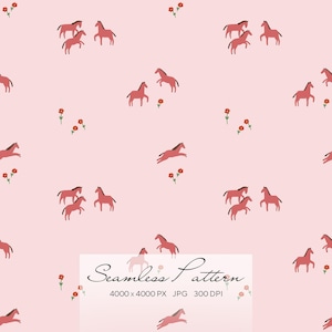 Puede incluir: Patrón sin costuras con caballos rojos estilizados en varias poses sobre un fondo rosa pálido. Pequeñas flores rojas salpican el diseño. El texto "Seamless Pattern" está en la parte inferior. Imagen de 4000 x 4000 píxeles.