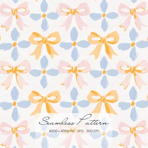 May include: A seamless pattern featuring repeating bows in shades of pink and yellow, alternating with blue floral shapes, set against a white background. The words "Seamless Pattern" are written in cursive at the bottom.