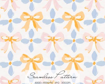 Coquette Bow Seamless Pattern, Pink Blue Ribbon Digital Paper, Feminine Girly Pattern, Cute Bow Background, Soft Floral Repeat