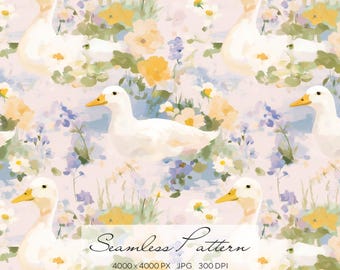 Duck Floral Seamless Pattern, Cottagecore Goose Digital Paper, Painterly Spring Garden Pattern, Vintage Farm Background, Surface Pattern