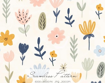 Cute Wildflower Pattern, Naive Kids Floral Digital Paper, Printable Design for Textiles & Scrapbooking