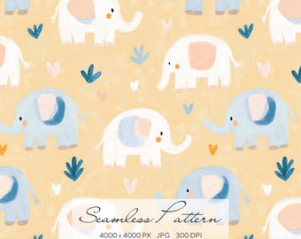 Seamless Elephant Pattern, Baby Animal Pattern, Nursery Safari Digital Paper, Cute Pastel Elephant Background, Kids Fabric Design
