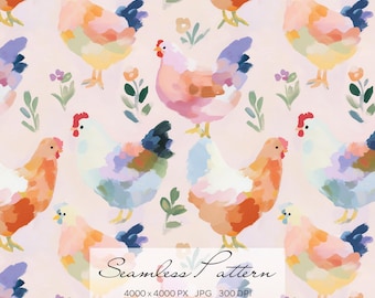 Chicken Seamless Pattern, Colorful Farm Animal Repeat Design, Hand Painted Rooster Surface Pattern