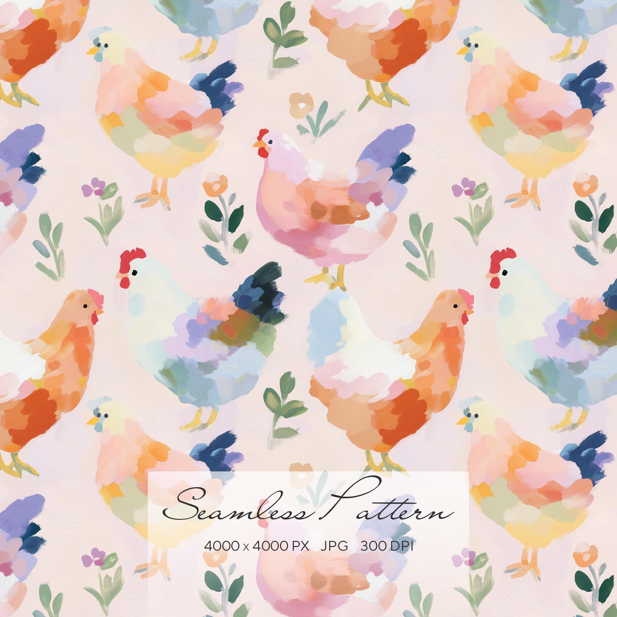 Chicken Seamless Pattern, Colorful Farm Animal Repeat Design, Hand ...