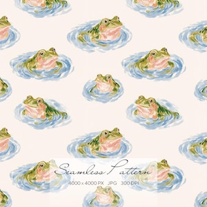 Peut inclure: Un motif répétitif de grenouilles à l'aquarelle dans de l'eau bleu clair. Les grenouilles sont vertes avec des accents roses et pêche. Le fond est de couleur beige clair. Le texte "Seamless Pattern" est en bas.