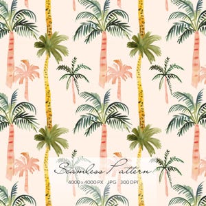 Könnte beinhalten: Nahtloses Aquarellmuster mit Palmen in Grün, Rosa und Gelb auf hellpfirsichfarbenem Hintergrund. Der Text "Seamless Pattern" wird in Schreibschrift angezeigt.