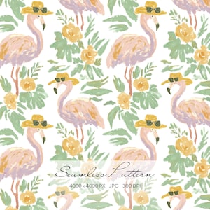 May include: Seamless pattern featuring pink flamingos wearing sunglasses and yellow hats, surrounded by yellow flowers and green leaves on a white background. The text "Seamless Pattern" is displayed at the bottom.