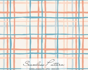 Non-Exclusive Seamless Plaid Pattern in Orange and Blue with Soft Peach Pastel Tones and Stripes for Textile and Craft Design