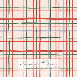 May include: Seamless pattern design featuring a grid of intersecting lines in red, green, and blue hues, set against a cream background. The text "Seamless Pattern" is displayed in an elegant script. The image is 4000x4000 pixels.