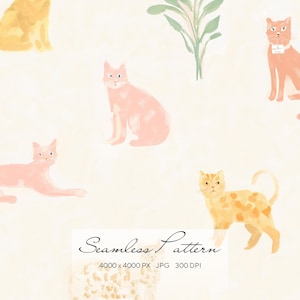 May include: A seamless pattern featuring watercolor illustrations of cats in various poses and colors, including pink, orange, and yellow. The background is a soft, off-white color. The text "Seamless Pattern" is at the bottom.