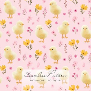 Pink Baby Chick Seamless Pattern, Easter Chick Digital Paper, Cute Nursery Floral Pattern, Spring Baby Animal Background, Watercolor Chick