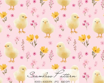 Pink Baby Chick Seamless Pattern, Easter Chick Digital Paper, Cute Nursery Floral Pattern, Spring Baby Animal Background, Watercolor Chick