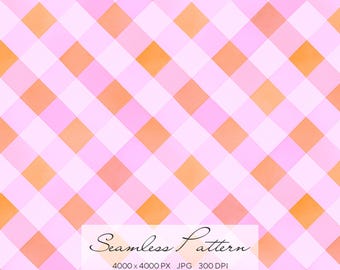 Pink Orange Gingham Seamless Pattern, Pastel Plaid Digital Paper, Checkered Background, Summer Pattern for Fabric Design, Surface Pattern