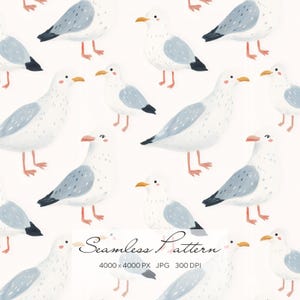 May include: A seamless pattern featuring illustrations of seagulls in various poses. The birds are primarily white with light blue wings and accents, and yellow beaks. The text "Seamless Pattern" is included in the image.