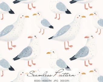Seagull Seamless Pattern, Coastal Bird Repeat Design, Cute Nautical Surface Pattern