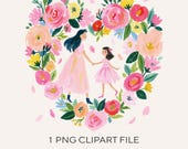 Mother Daughter Floral Clipart PNG, Watercolor Mom and Child Illustration, Feminine Flower Frame PNG, Cute Girly Art, Commercial Use Clipart