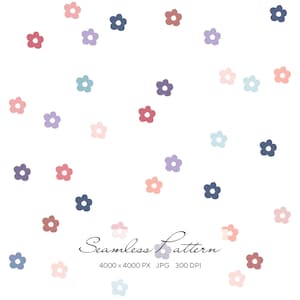 May include: A seamless pattern featuring scattered, stylized flowers in shades of pink, red, purple, blue, and peach on a white background. The text "Seamless Pattern" is at the bottom.