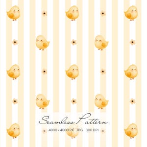 Może przedstawiać: Bezszwowy wzór z żółtymi pisklętami i małymi kwiatami na paskowanym tle w kolorze białym i jasnożółtym. Tekst "Seamless Pattern" jest wyświetlany na dole obrazu.