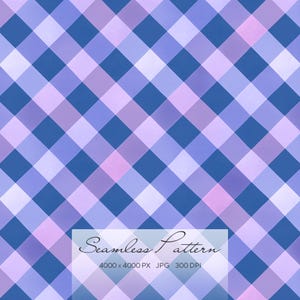 May include: A seamless pattern featuring a diagonal plaid design in shades of blue, lavender, and pink. The text "Seamless Pattern" is displayed in a cursive font. The image dimensions are 4000 x 4000 pixels at 300 DPI.
