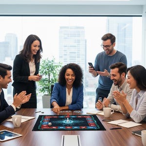 May include: A team of people are playing a board game around a wooden table. The game board is black with a blue and red design. The people are smiling and appear to be enjoying themselves. There are mugs and a tablet on the table.