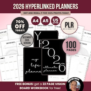 May include: A promotional image for 2026 Hyperlinked Planners, featuring black digital planners with white text, and various planner pages. The image includes text such as "70% OFF TODAY!", "A4 A5 US Letter", and "100 PAGES".