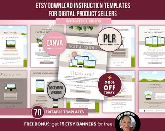 Istruzioni per il download del pacchetto Etsy Seller PLR, modelli Canva modificabili, guida alla consegna in PDF per ordini di prodotti digitali e note di ringraziamento