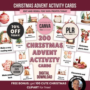 Peut inclure: Ensemble de 200 cartes d'activités du calendrier de l'Avent de Noël avec des illustrations à l'aquarelle. Les cartes présentent des activités festives comme décorer un sapin, faire des maisons en pain d'épices et organiser une soirée cinéma de Noël. L'image contient le texte "Téléchargement numérique".