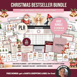 Puede incluir: Un paquete navideño con planificador, tarjetas de actividades y clipart. La imagen presenta ilustraciones festivas, el texto "Christmas Bestseller Bundle", e ilustraciones de Papá Noel y un ángel. Incluye una promoción del 70% de descuento.