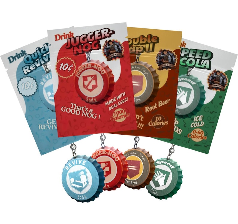 May include: A collection of bottle cap keychains and matching card designs. The keychains and cards feature the text "Quick Revive", "JUGGER-NOG", "Double Tap", and "Speed Cola". The keychains are blue, red, brown, and green.