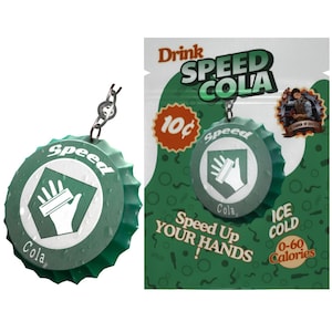 May include: A green Speed Cola bottle cap pendant with a silver chain. The cap features the words "Speed Cola" and a white hand graphic. The background shows a Speed Cola advertisement with the text "Speed Up Your Hands!"