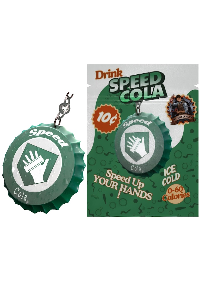 May include: A green Speed Cola bottle cap pendant with a silver chain. The cap features the words "Speed Cola" and a white hand graphic. The background shows a Speed Cola advertisement with the text "Speed Up Your Hands!"