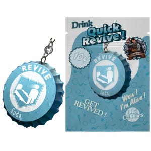 May include: A light blue bottle cap keychain with the word "REVIVE" and a graphic design. The keychain is attached to a light blue background with the words "Drink Quick Revive!" and "Get Revived!"