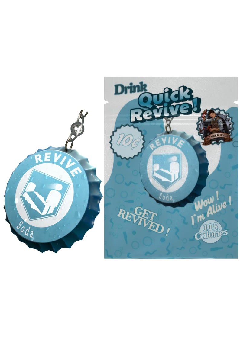 May include: A light blue bottle cap keychain with the word "REVIVE" and a graphic design. The keychain is attached to a light blue background with the words "Drink Quick Revive!" and "Get Revived!"