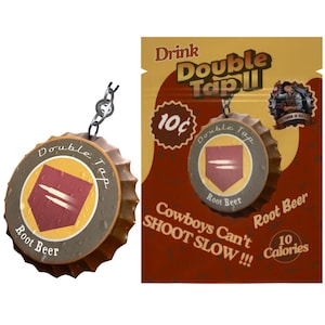 May include: A brown Double Tap Root Beer bottle cap with a red and yellow emblem. The cap is attached to a chain. The packaging features the text "Drink Double Tap!!" and "Cowboys Can't SHOOT SLOW!!!".