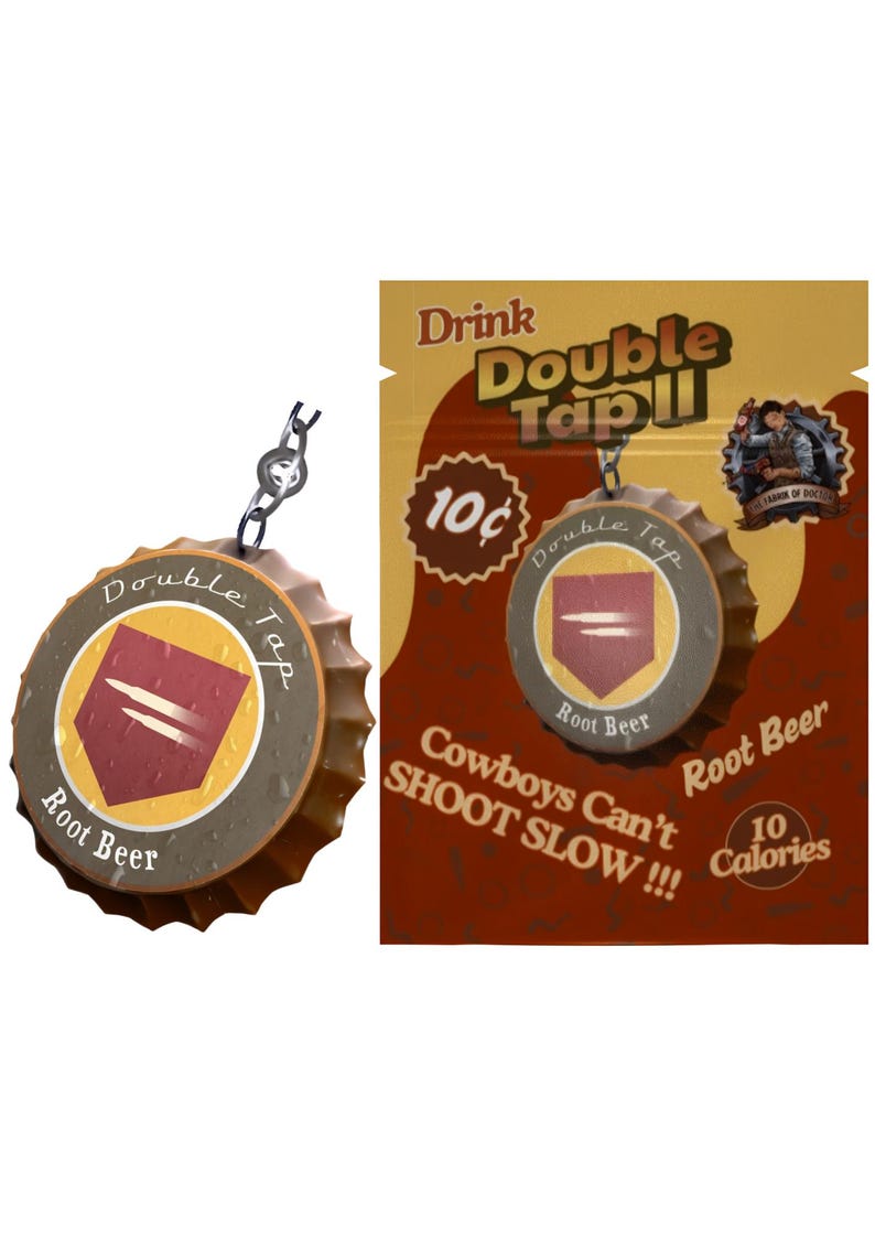 May include: A brown Double Tap Root Beer bottle cap with a red and yellow emblem. The cap is attached to a chain. The packaging features the text "Drink Double Tap!!" and "Cowboys Can't SHOOT SLOW!!!".