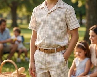 Beige bomullsskjorta och shorts för barn – sommaroutfit med halv ärm, 100 % bomull, set för pojkar