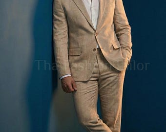 Beige Two Piece Linen Suit For Men | Summer Wedding Suit | Lightweight Linen Blazer And Pant | Formal & Casual Mens Suit