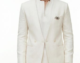 White One Button Blazer With Matching Pants |Men’s Two Piece Suit |Slim Fit Formal Blazer & Pant |Wedding Outfit| Short Kurta free Of Cost