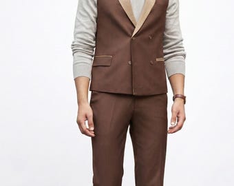 Men Brown Double Breasted Waistcoat And Pant Set With Cream Lapel | Formal Wedding Vest Suit | Classic Two Piece Outfit