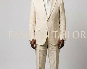 Men’s Off White Two Piece Suit, Tailored Blazer and Pants Set, Modern Formal Wedding Outfit &  Shirte Free Of Cost
