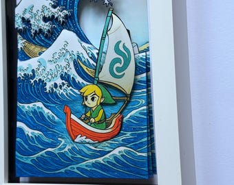 ゼルダの伝説 神奈川沖浪裏（ポートレート）額入り3Dアート シャドー