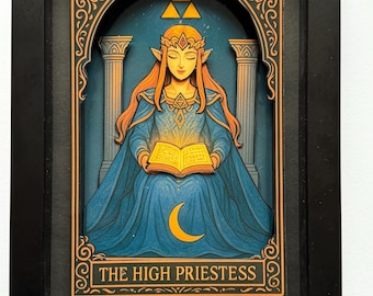 May include: Framed artwork featuring a layered paper illustration of a figure from The Legend of Zelda series. The High Priestess is depicted with long orange hair, a blue robe, and a golden crown, holding an open book. The artwork is framed in black.