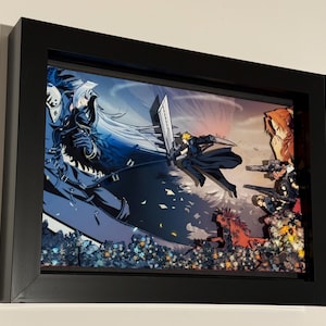 May include: A framed anime artwork depicting a battle scene with figures in action. The artwork features characters in black and blue, set against a colourful sky and detailed background. The frame is black.
