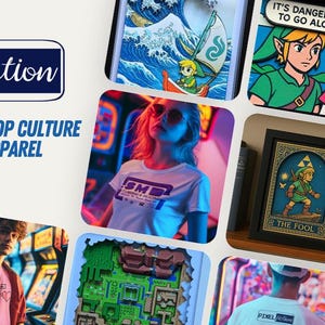 May include: A promotional image for Pixel Fiction, showcasing limited edition pop culture-inspired art and apparel. The image features various illustrations and products, including a framed artwork with a character, and people wearing t-shirts. The Pixel Fiction logo is prominently displayed.